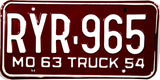 A classic NOS 1963 Missouri Beyond Local Truck license plate in unused excellent condition with wrapper