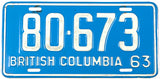 A classic 1963 British Columbia passenger car license plate in very good plus condition