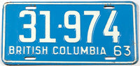 A classic 1963 British Columbia passenger car license plate in excellent minus condition