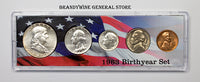 A 1963 Birth Year coin set which includes the silver Franklin Half Dollar, Washington Quarter, Roosevelt Dime, Jefferson Nickel and Lincoln Cent for sale by Brandywine General Store