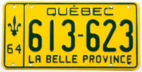 A vintage 1964 Quebec passenger car license plate in excellent condition