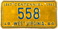 A 1964 West Virginia Low 3 Digit DMV number Passenger Automobile license plate in very good condition with darkening of the coating