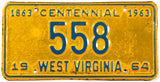 A 1964 West Virginia Low 3 Digit DMV number Passenger Automobile license plate in very good condition with darkening of the coating