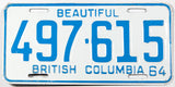 A classic 1964 British Columbia passenger car license plate in excellent minus condition