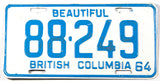 A classic 1964 British Columbia passenger car license plate in very good plus condition