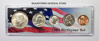 A 1964 Birth Year coin set which includes the silver Kennedy Half Dollar, Washington Quarter, Roosevelt Dime, Jefferson Nickel and Lincoln Cent for sale by Brandywine General Store