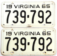 A pair of 1965 Virginia car license plates in very good plus condition