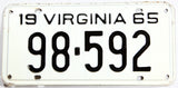 A single 1965 Virginia car license plate in excellent minus condition