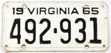 A 1965 Virginia car license plate in very good condition