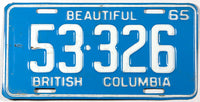 A classic 1965 British Columbia passenger car license plate in very good plus condition