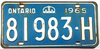 A 1965 Ontario Canada passenger car license plate in very good minus condition