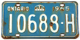 A 1965 Ontario Canada passenger car license plate in good plus condition