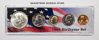 A 1965 Birth Year coin set which includes the 40% silver Kennedy Half Dollar, Washington Quarter, Roosevelt Dime, Jefferson Nickel and Lincoln Cent for sale by Brandywine General Store