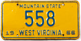 A 1966 West Virginia Low 3 Digit DMV number Passenger Automobile license plate in very good plus condition wtih a bend