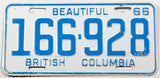 A classic 1966 British Columbia car license plate in very good plus condition