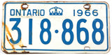 A 1966 Ontario Canada passenger car license plate in very good minus condition