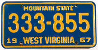 1967 West Virginia car license plate in excellent minus condition