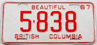 A classic 1967 British Columbia car license plate in excellent minus condition