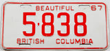 A classic 1967 British Columbia car license plate in excellent minus condition