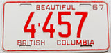 A classic 1967 British Columbia car license plate in excellent minus condition