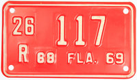 A classic 1968 - 69 Florida Motorcycle License Plate for sale at Brandywine General Store in excellent minus condition