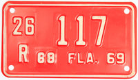 An unused new old stock 1968 - 69 Florida Motorcycle License Plate which is in excellent minus condition