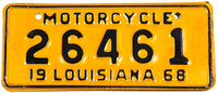 A classic unused 1968 Louisiana motorcycle license plate in excellent plus condition