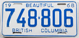 A 1968 British Columbia car license plate in very good plus condition