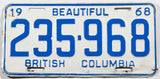A 1968 British Columbia car license plate in very good minus condition with bends and small split