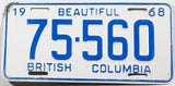 A 1968 British Columbia car license plate in very good condition
