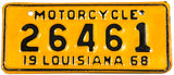 A classic unused 1968 Louisiana motorcycle license plate for sale at Brandywine General Store in excellent plus condition