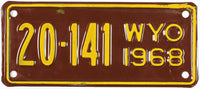 A NOS 1968 Wyoming motorcycle license plate for sale by Brandywine General Store in excellent minus condition