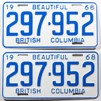 A beautiful pair of New Old Stock 1968 British Columbia car license plates in Excellent plus condition