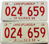 A Pair of classic 1968 Illinois Car License Plates for sale at Brandywine General Store in excellent plus condition