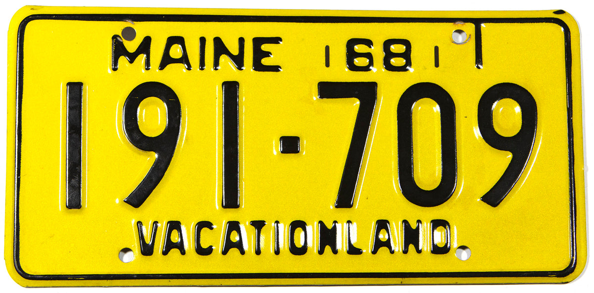 A classic 1968 Maine car license plate in excellent condition