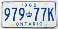 A 1968 Ontario Canada passenger car license plate in very good plus condition with bend