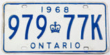 A 1968 Ontario Canada passenger car license plate in very good plus condition with bend