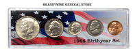 A 1968 Birth Year coin set which includes the 40% silver Kennedy Half Dollar, Washington Quarter, Roosevelt Dime, Jefferson Nickel and Lincoln Cent for sale by Brandywine General Store