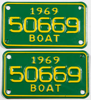 A pair of NOS 1969 Michigan Boat License Plates in New Old Stock excellent minus condition with wrapper