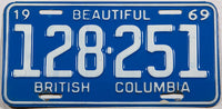 A classic 1969 British Columbia Canadian car license plate in excellent minus condition