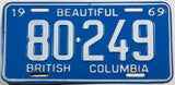 A classic 1969 British Columbia Canadian car license plate in very good plus condition