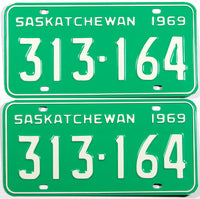 A classic pair of unused 1969 Saskatchewan passenger car license plates in NOS excellent plus condition with original wrapper