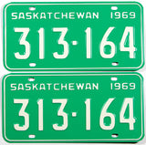 A classic pair of unused 1969 Saskatchewan passenger car license plates in NOS excellent plus condition with original wrapper