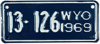 A classic 1969 Wyoming motorcycle license plate for sale by Brandywine General Store in excellent minus condition