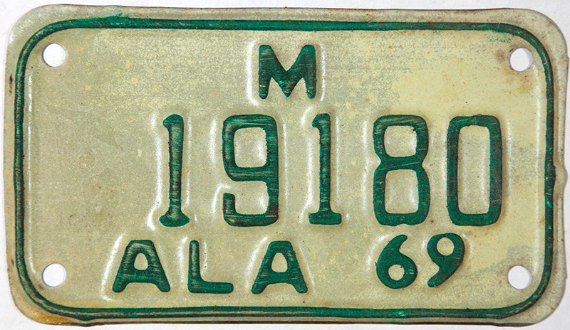 A NOS 1969 Alabama Motorcycle License Plate in very good to vg plus condition