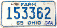 A 1969 Ohio Farm license plate for sale at Brandywine General Store in very good minus condition