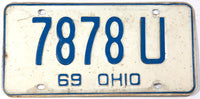 A classic 1969 Ohio passenger car license plate in very good minus condition