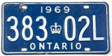 A 1969 Ontario Canada passenger car license plate in very good minus condition