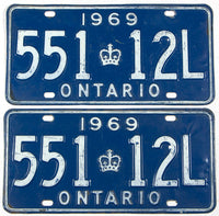 A pair of 1969 Ontario Canada passenger car license plates in very good condition