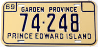 A classic 1969 NOS passenger car license plate from the Canadian province of Prince Edward Island in NOS excellent plus condition